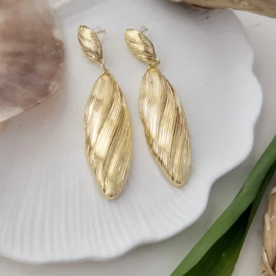 İthal 14K Kaplama Tırtıklı Uzun Sallantılı Tarz Plaka Küpe