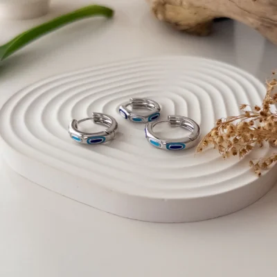 Renkli Nazar Boncuklu Mineli Gümüş Renk Üçlü Kombin Halka Set Küpe