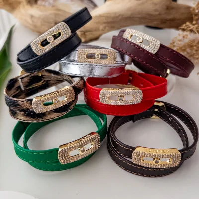 Zirkon Taş İşlemeli Gold Plaka Detaylı Deri Dolamalı Bileklik - Choker Kolye