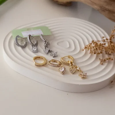 Zirkon Taş Kalp Figür Sallantılı Üçlü Kombin Set Küpe