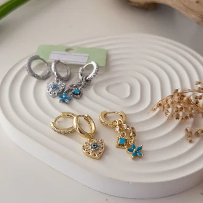 Zirkon Taşlı Mavi Boncuk Sallantılı Üçlü Kombin Set Küpe