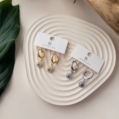 İthal Zirkon Taşlı Damla Nazar Boncuk Sallantılı Minimal Küpe