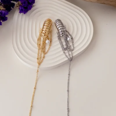 Özel Seri İnci Detaylı Zincir Sallantılı Üst Kıkırdak Earcuff Küpe