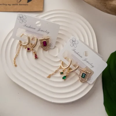 Renkli Taşlı Zirkon Taş İşlemeli Sallantılı Tasarım Üçlü Kombin Set Küpe