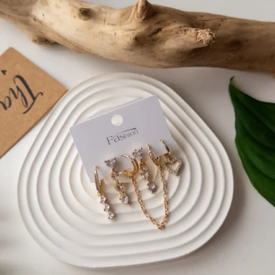 Zirkon Taşlı Sallantılı Zincirli Minimal Altılı Kombin Set Küpe