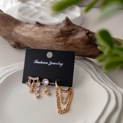 Özel Seri Gold Rose Renk Zirkon Taşlı Zincir Sallantılı Tarz Üçlü Kombin Set Küpe