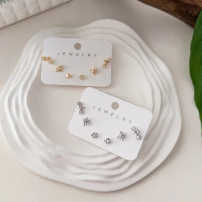 Zirkon Taşlı Kutupyıldızı Figür Detaylı Minimal Altılı Kombin Set Küpe