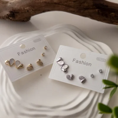 Zirkon Taşlı Sedef Detaylı Kalp Figürlü Altılı Minimal Çivili Kombin Set Küpe