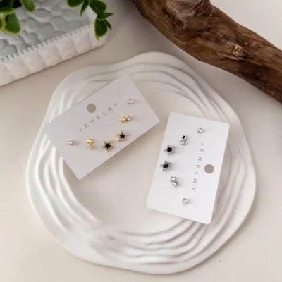 Zirkon Taşlı Siyah Detaylı Yıldız Figürlü Minimal Altılı Çivili Kombin Set Küpe