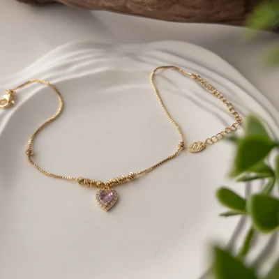 İthal Zirkon Pembe Kalp Taş Sallantılı Dorika Toplu Halhal
