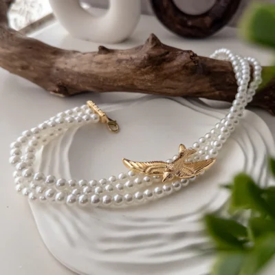Kuş Figürlü Üçlü İnci Choker Kolye