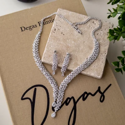 Zirkon Damla Taş Detaylı Abiye Kolye Küpe Set