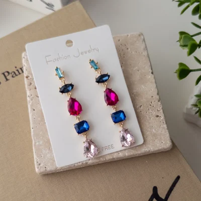 Renkli Kristal Taşlı Uzun Sallantılı Küpe