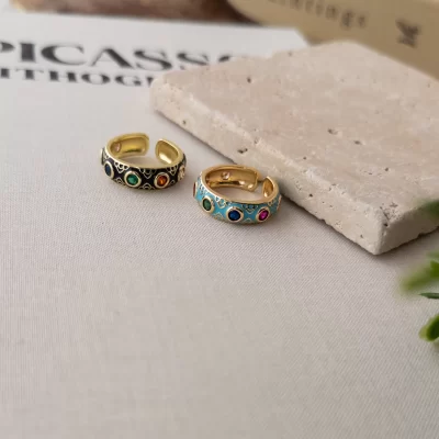 Renkli Zirkon Taşlı Mineli Motif İşlemeli Altı Açık Ayarlanabilir Yüzük