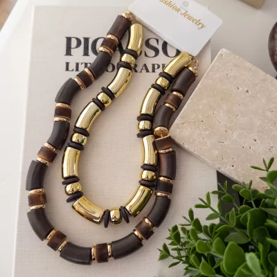 Marka Tasarım Ahşap Boncuk Ve Gold Plakalı Tasarım İkili Kombin Kolye
