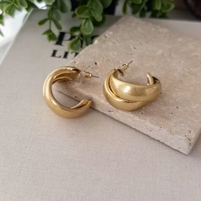 Gold Renk Eskitme İri Boy İkili Duran Plaka Küpe