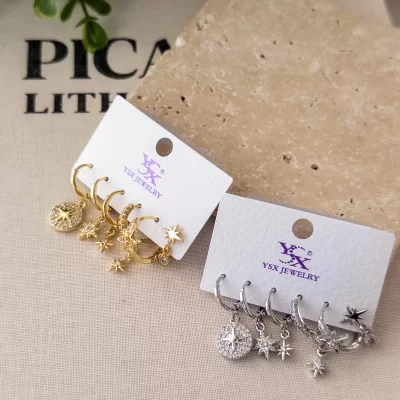 İthal Zirkon Taşlı Kutup Yıldızı Sallantılı Minimal Zarif Altılı Kombin Set Küpe