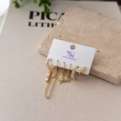 İthal Zirkon Taşlı Zincir Sallantılı Zarif Altılı Kombin Set Küpe