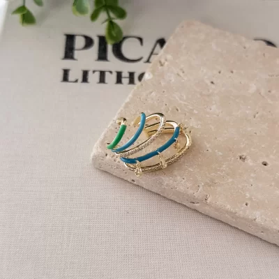 Mavi Ve Yeşil Mineli Zirkon Taş İşlemeli Çoklu Duran Earcuff Küpe