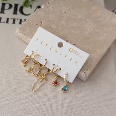 Renkli Zirkon Taş Detaylı Zarif Altılı Kombin Set Küpe