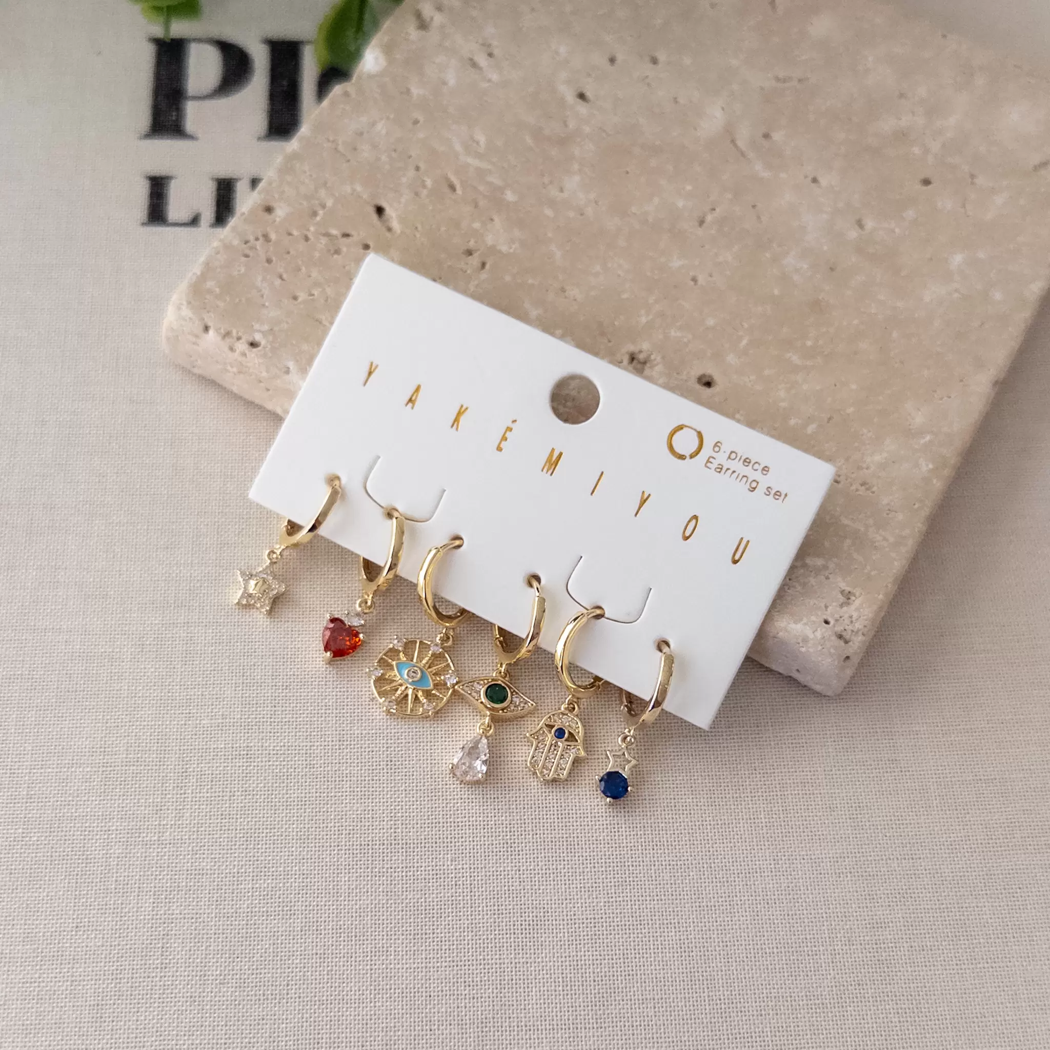 Renkli Zirkon Taşlı Figürlü Altılı Kombin Set Küpe