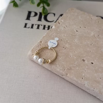 Xp 14K Gold Renk Zirkon Taş Detaylı İncili Üstü Açık Ayarlanabilir Burgu Yüzük