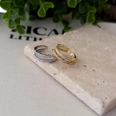 Zirkon Taşlı Altı Açık Ayarlanabilir Çift Sıra Tarz Yüzük