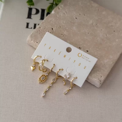 Zirkon Taşlı Sallantılı Zarif Altılı Kombin Set Küpe