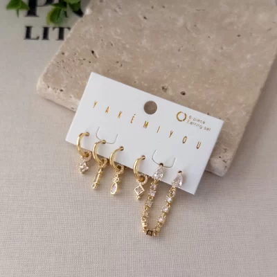 Zirkon Taşlı Taş Sallantılı Tasarım Zarif Altılı Kombin Set Küpe