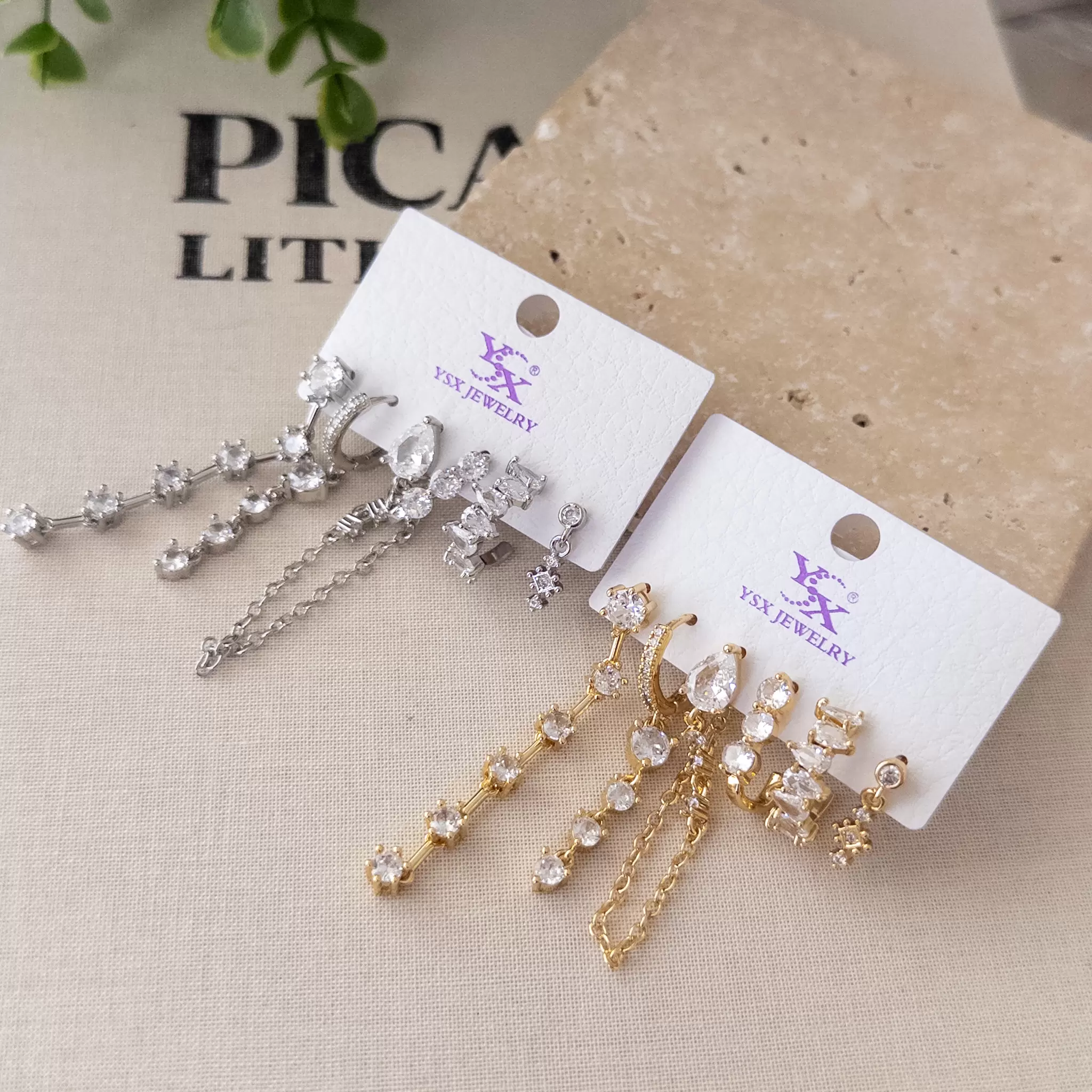 Zirkon Taşlı Uzun Sallantılı Tasarım Altılı Kombin Set Küpe