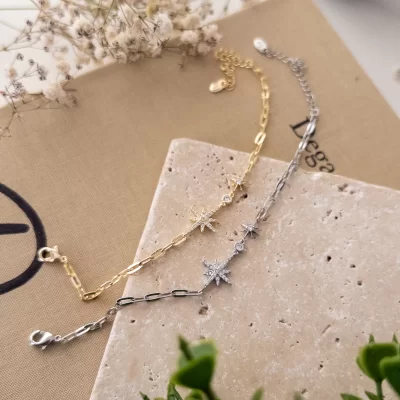 Ortası Zirkon Taşlı Kutupyıldızı Zarif Ataç Zincir Bileklik