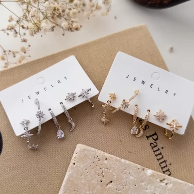 Zirkon Taşlı Kutupyıldızı Figürlü Tasarım Altılı Kombin Set Küpe