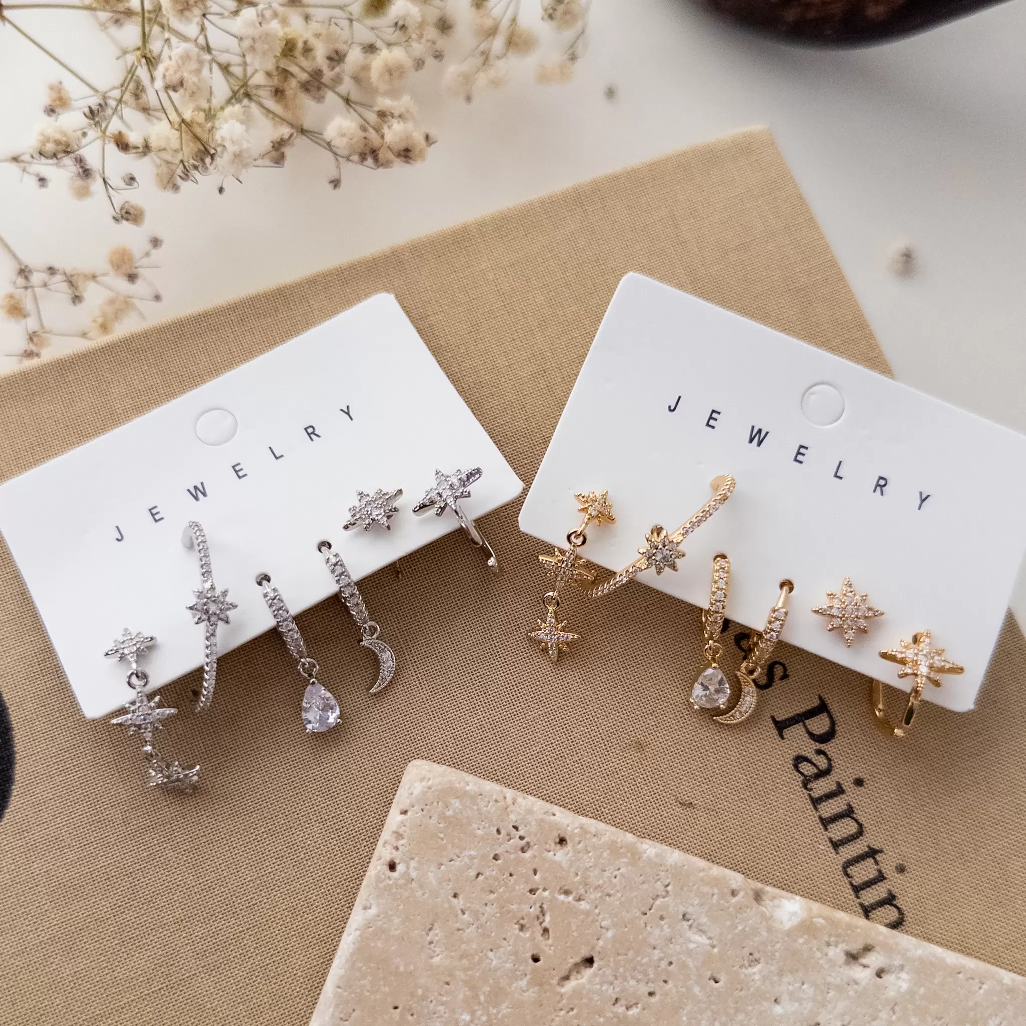 Zirkon Taşlı Kutupyıldızı Figürlü Tasarım Altılı Kombin Set Küpe