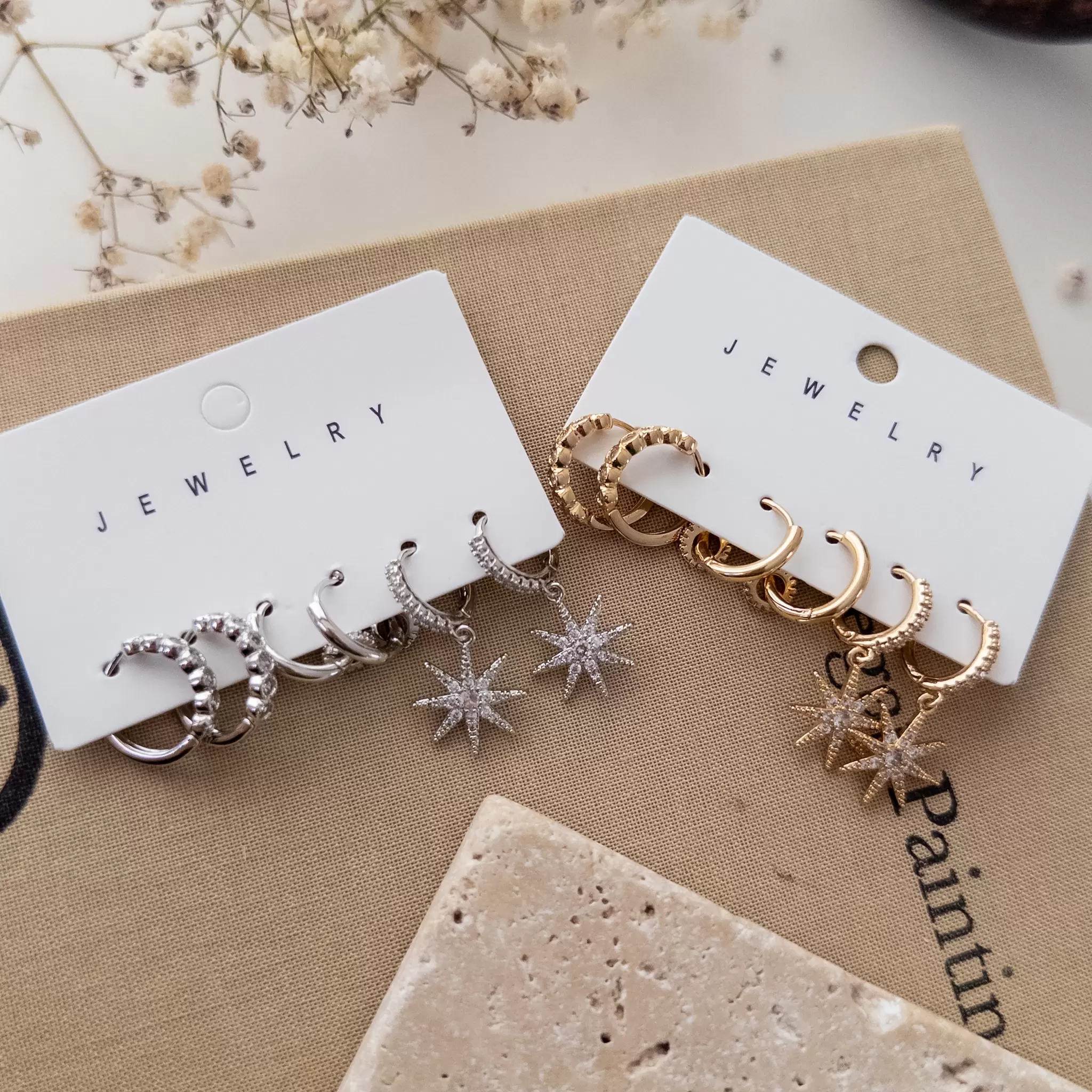 Zirkon Taşlı Kutupyıldızı Sallantılı Altılı Halka Kombin Set Küpe