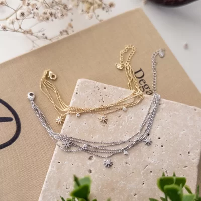 Zirkon Taşlı Kutupyıldızı Sallantılı Çoklu Top Zincirli Zarif Bileklik