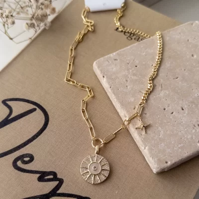 Sedef Detaylı Gömme Zirkon Taşlı Kutup Yıldızı Figürlü Tasarım Zincir Kolye