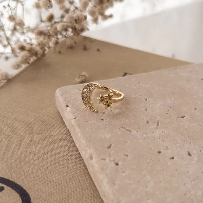 Üstten Ayarlanabilir Zirkon Taş İşlemeli Ay Ve Yıldız Yüzük