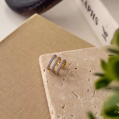 Zirkon Taş Çift Renk Üçlü Duran Halka Earcuff Küpe