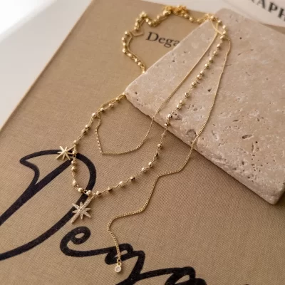 Gold Renk Zirkon Taşlı Kutupyıldızı Figürlü Disko Toplu Zincir Sallantılı Tarz Kolye