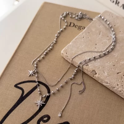 Gümüş Renk Zirkon Taşlı KutupYıldızı Figürlü Disko Toplu Zincir Sallantılı Tarz Kolye