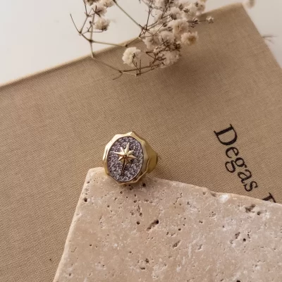 Kabartma Kutup Yıldızı Figürlü Zirkon Taş İşlemeli Ayarlanabilir Tarz Yüzük