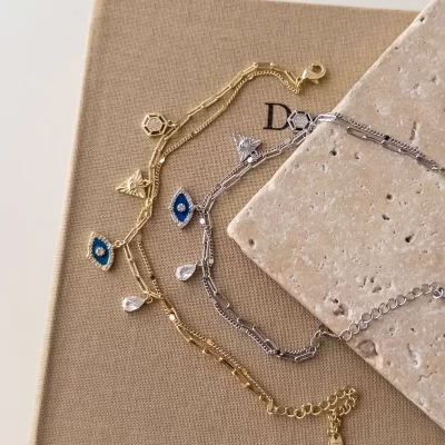 Zirkon Taş Detaylı Mineli Göz Sallantılı Çift Zincirli Zarif Bileklik