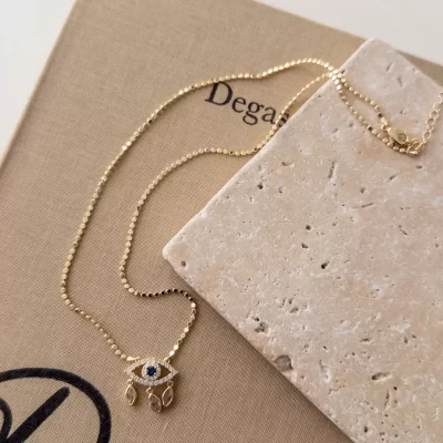 Zirkon Taşlı Göz Figürlü Ezme Zincir Kolye