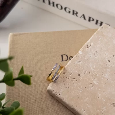 Alttan Ayarlanabilir Çift Renk Zirkon Taş İşlemeli Zarif Üçlü Yüzük