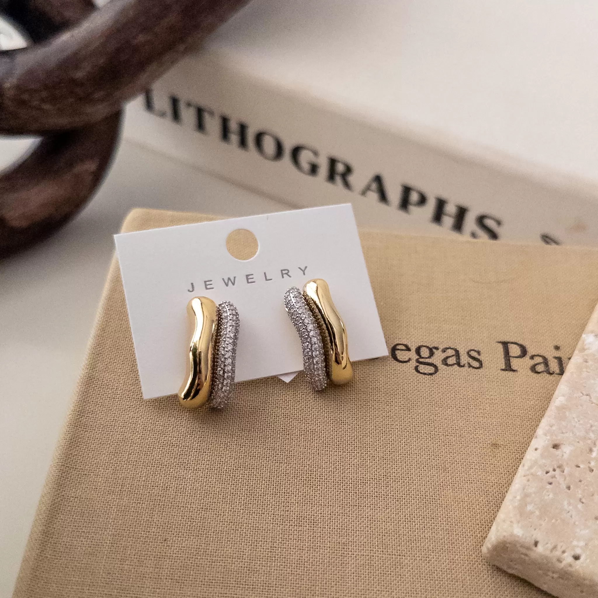 Çift Renk Zirkon Taş Süslemeli Plaka Eğimli Tasarım Küpe