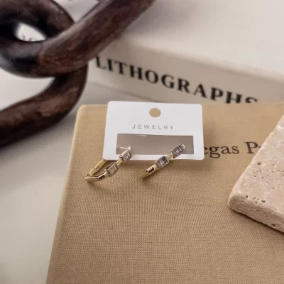 Çift Renk Zirkon Taşlı Dikdörtgen Uzun Küpe