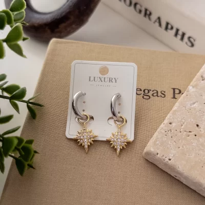 Çift Renk Zirkon Taşlı Kutup Yıldızı Sallantılı Halka Tarz Küpe