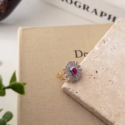 Fuşya Taşlı Zirkon Taş İşlemeli Alttan Ayarlanabilir Çift Renk Tasarım Büyük Yüzük