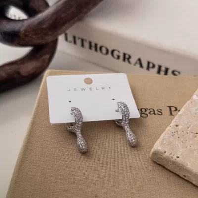 Gümüş Renk Full Zirkon Taş İşlemeli Tasarım Halka Küpe