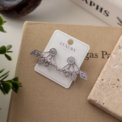 Gümüş Renk Zirkon Taşlı Tasarım Hayalet Küpe